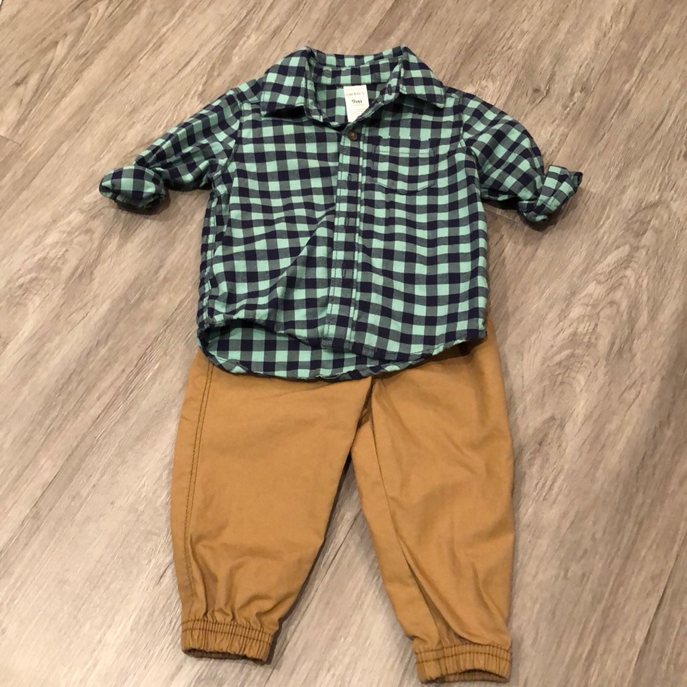 Khaki pants and green and blue flannel baby boy